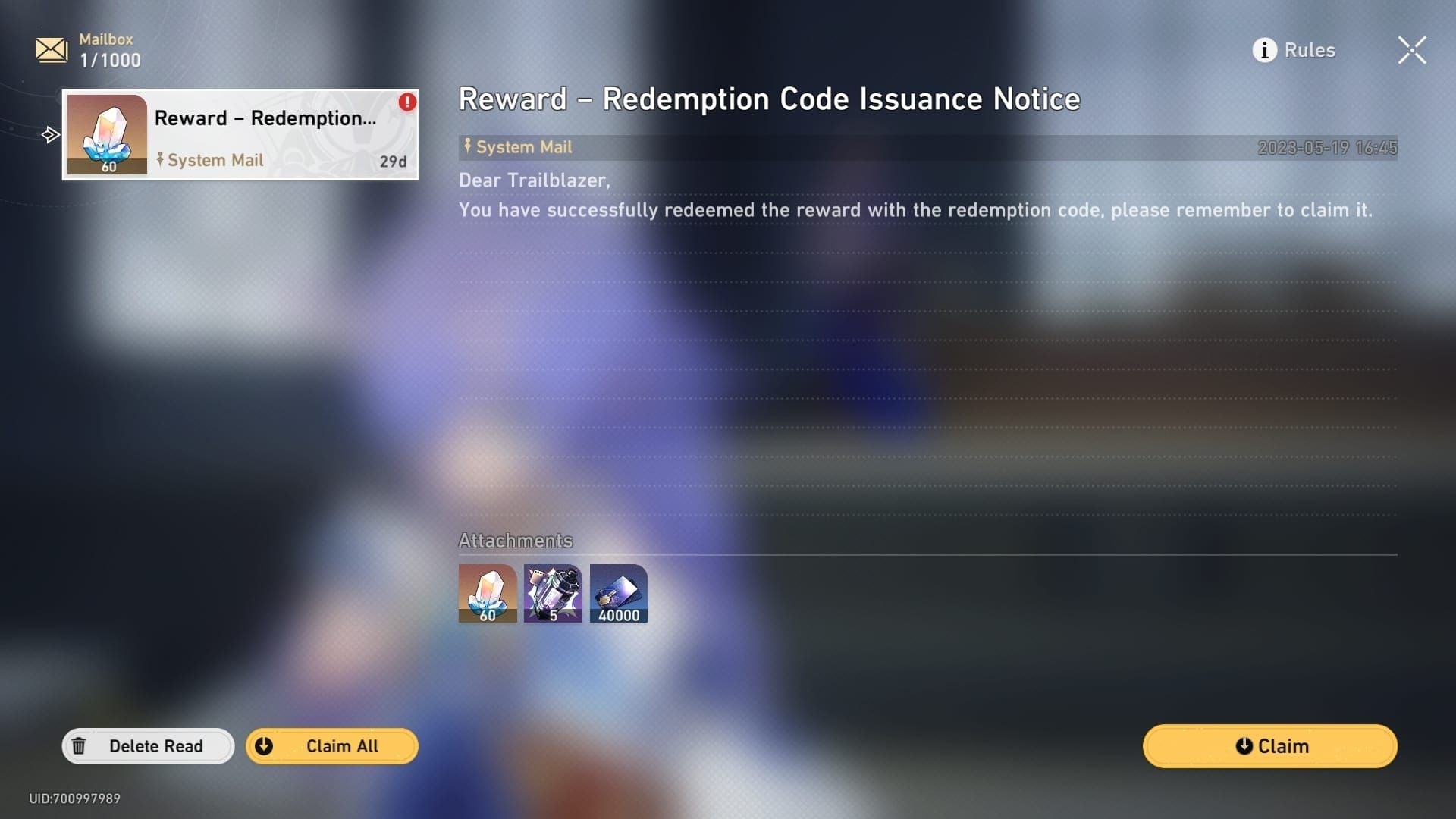 Honkai Star Rail in-game mailbox with redemption code rewards