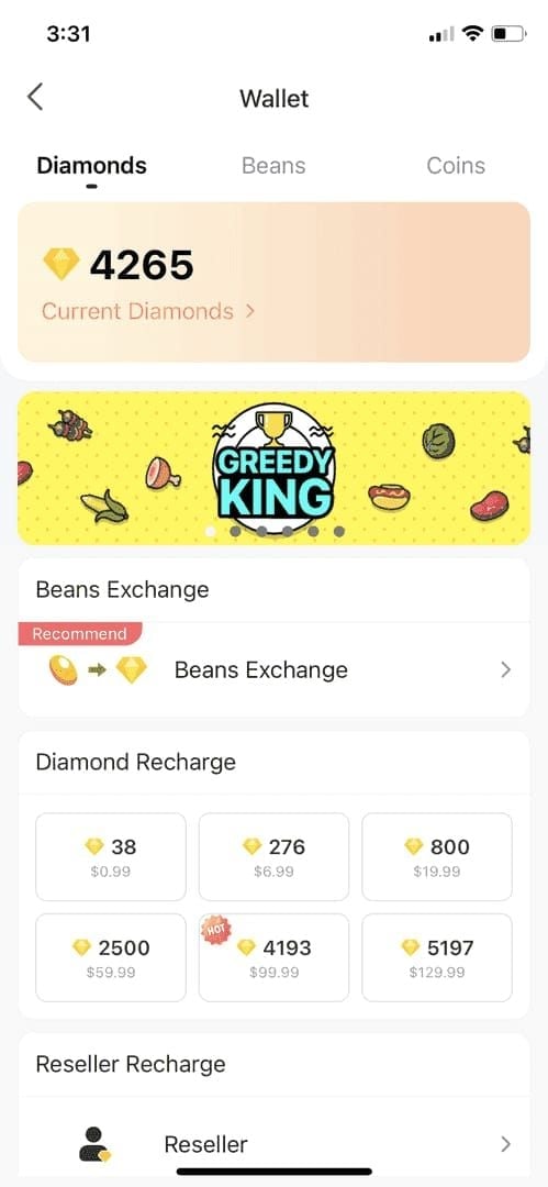 Bigo Live Diamonds pricing comparison chart showing in-app and third-party rates with savings percentage