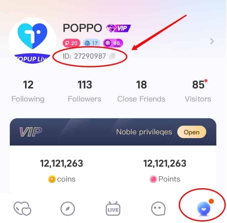 Screenshot of Poppo Live user coin balance display for refund evidence