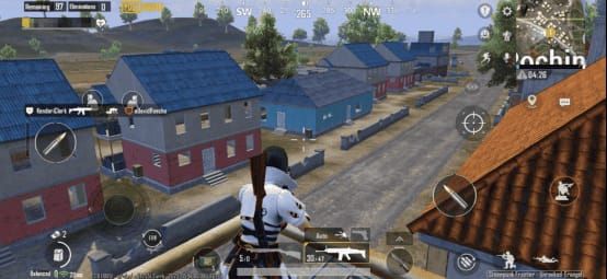 PUBG Mobile UC screenshot of Erangel Pochinki Music District rooftop landing in V4.3 Beta 3