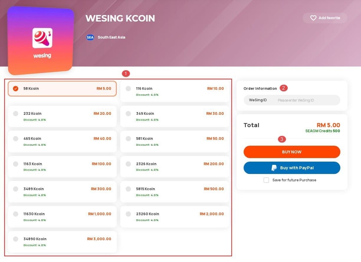 Step-by-step guide screenshots for buying WeSing Kcoin 1866 Full VIP on BitTopup