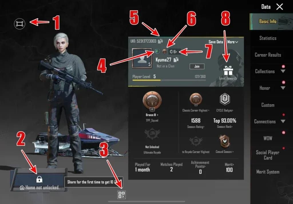 PUBG Mobile player profile screenshot displaying Character ID for UC redemption