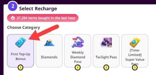 Screenshot of Mobile Legends Bang Bang Ramadan Recharge Event interface displaying diamond tiers and rewards like skin fragments and BP packs