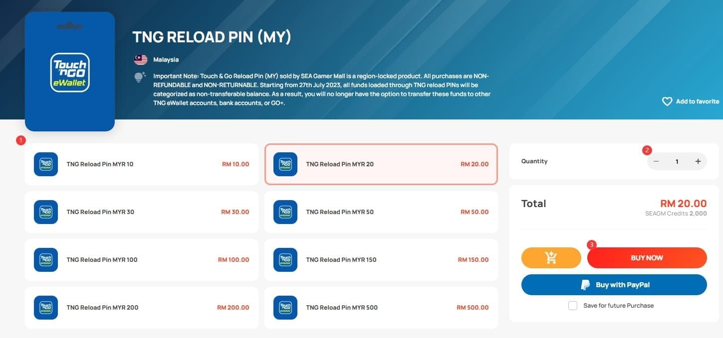 Screenshot of in-game purchase using TNG Reload PIN eWallet credit