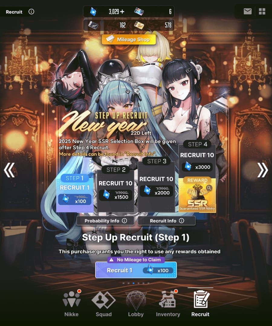 Goddess of Victory: NIKKE Step-Up Recruit interface detailing gem costs for each phase