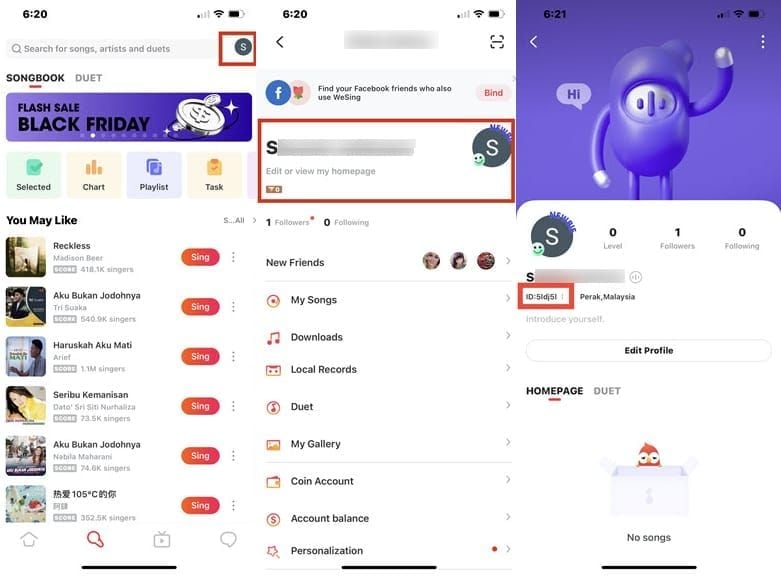 WeSing app interface highlighting user ID in profile for Kcoin top-up