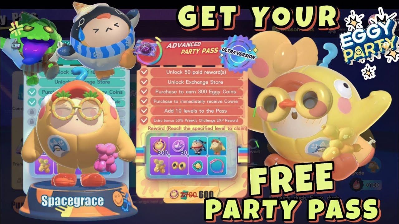 Comparison of Eggy Party Season 12 Battle Pass free and paid tiers showing Eggy Coins rewards