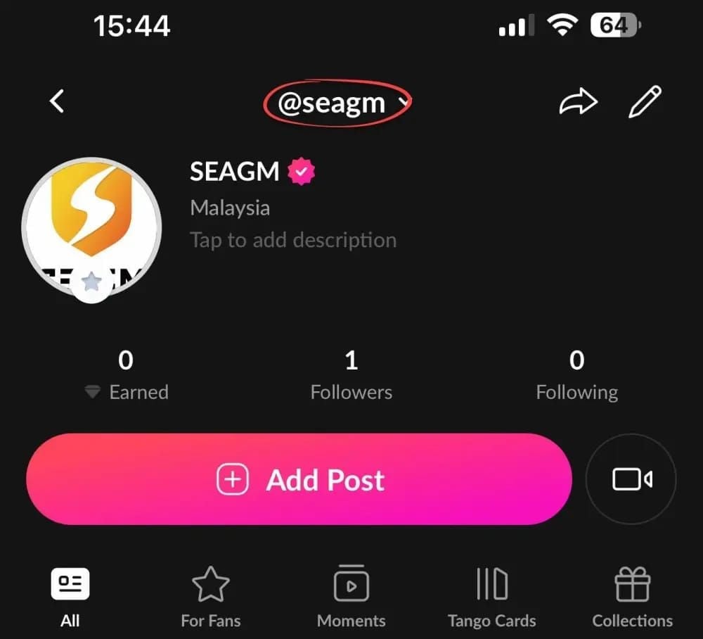 Tango app screenshot showing profile icon and UID location