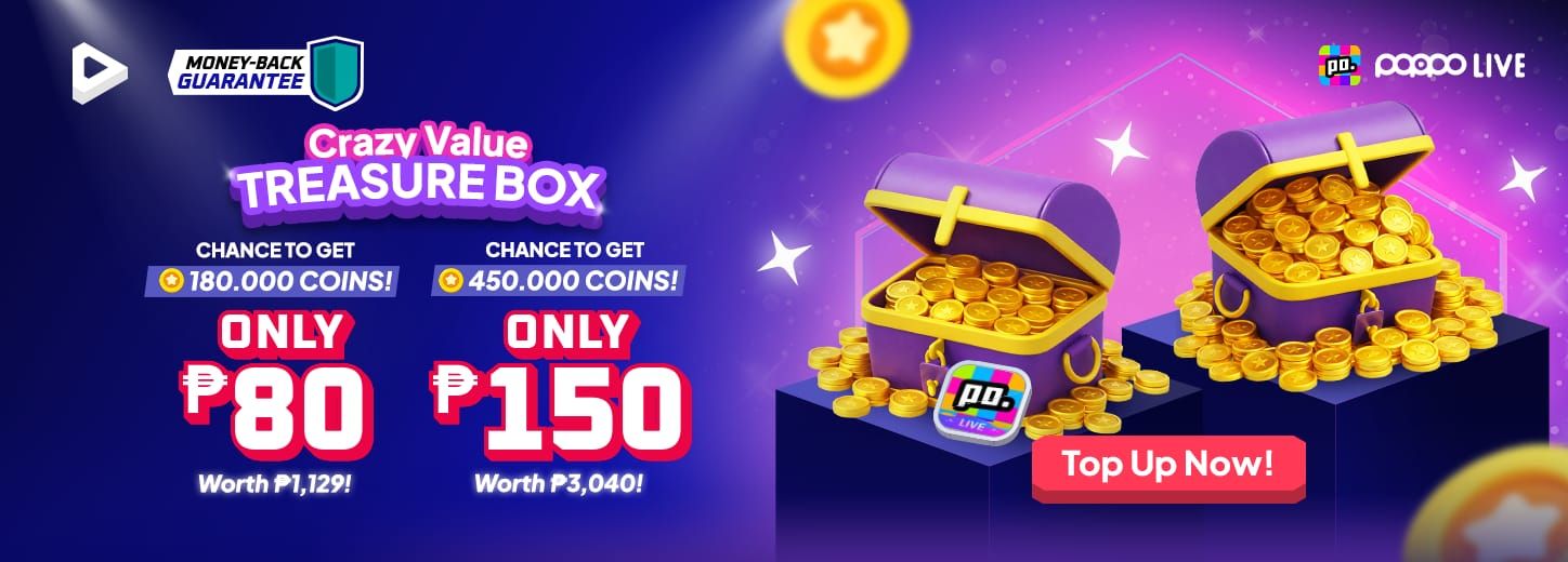 Poppo Live Coins live stream with Treasure Box icon for watch-to-earn rewards
