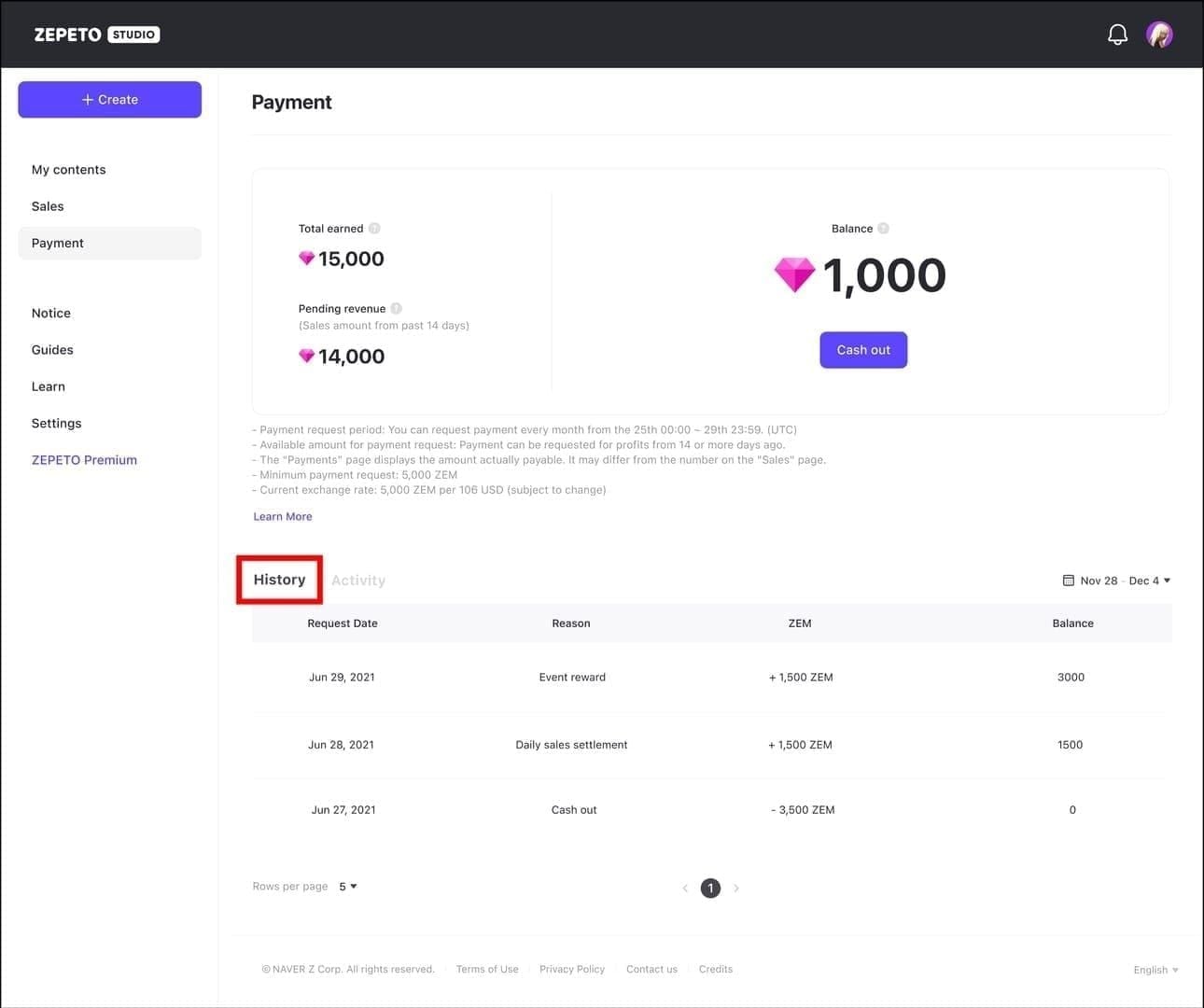 Screenshot of ZEPETO ZEM Balance Dashboard showing currencies
