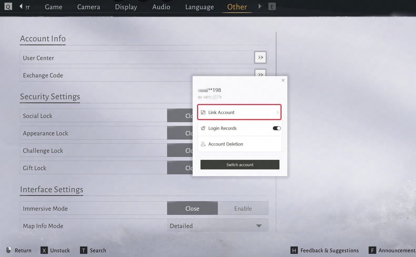 Where Winds Meet account binding interface in Settings > Other > User Center