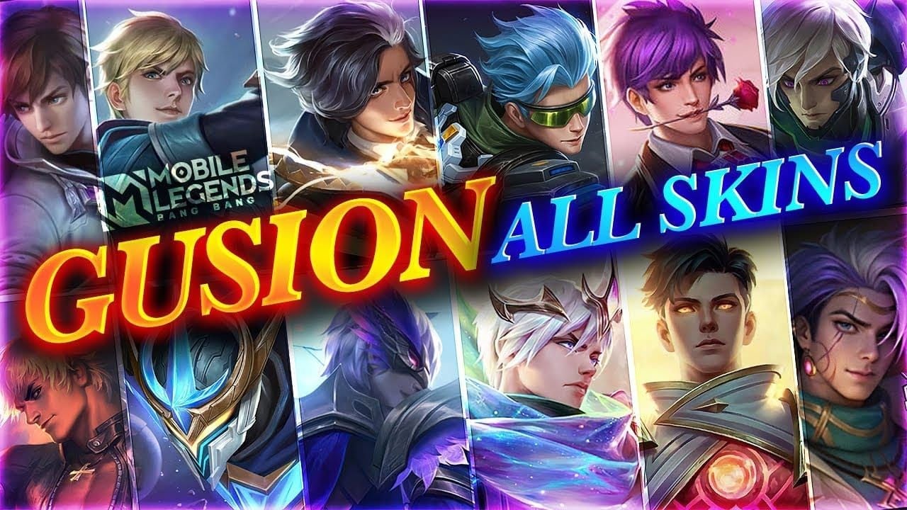 Comparison of Gusion skins including Eclipse, Cyber Ops, and Cosmic Gleam in Mobile Legends Bang Bang