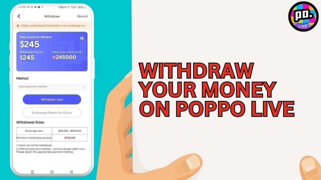 Poppo Live Coins step-by-step withdrawal process guide screenshot