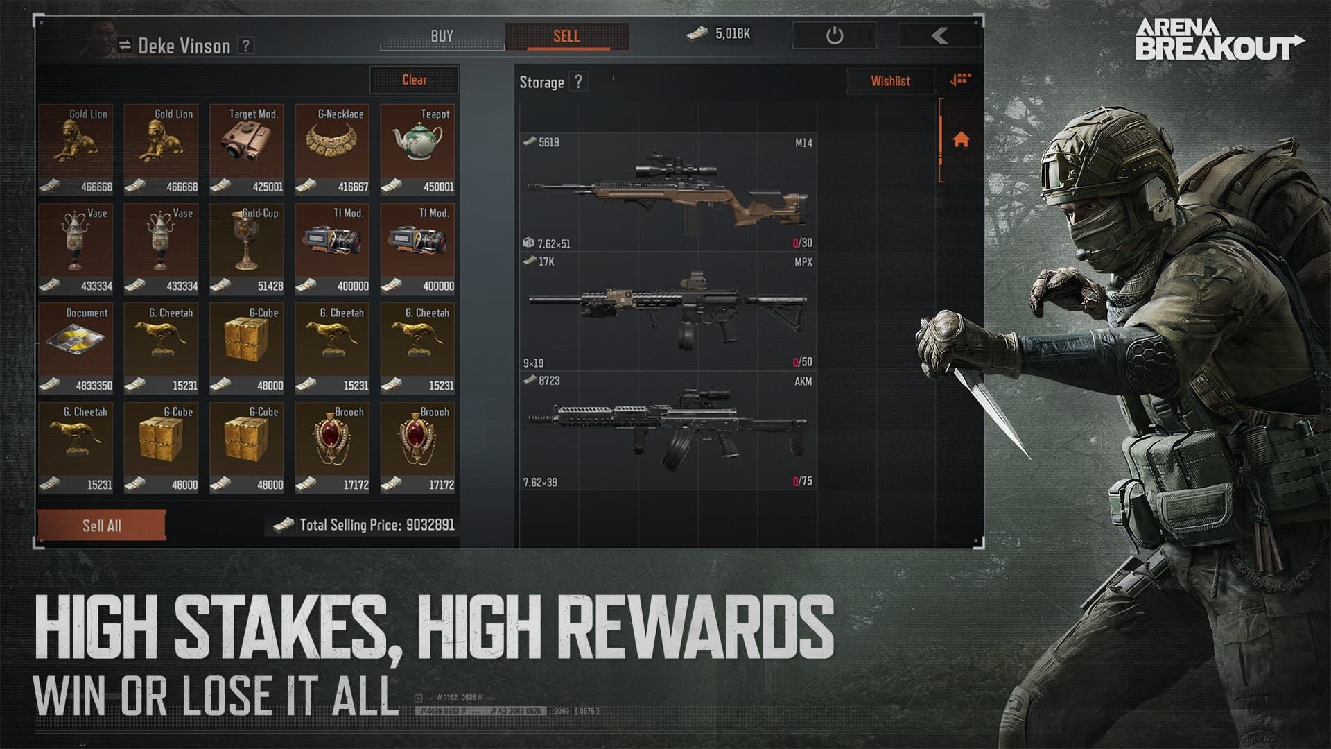 Arena Breakout Premium Battle Pass menu showing tiers, rewards, and purchase options