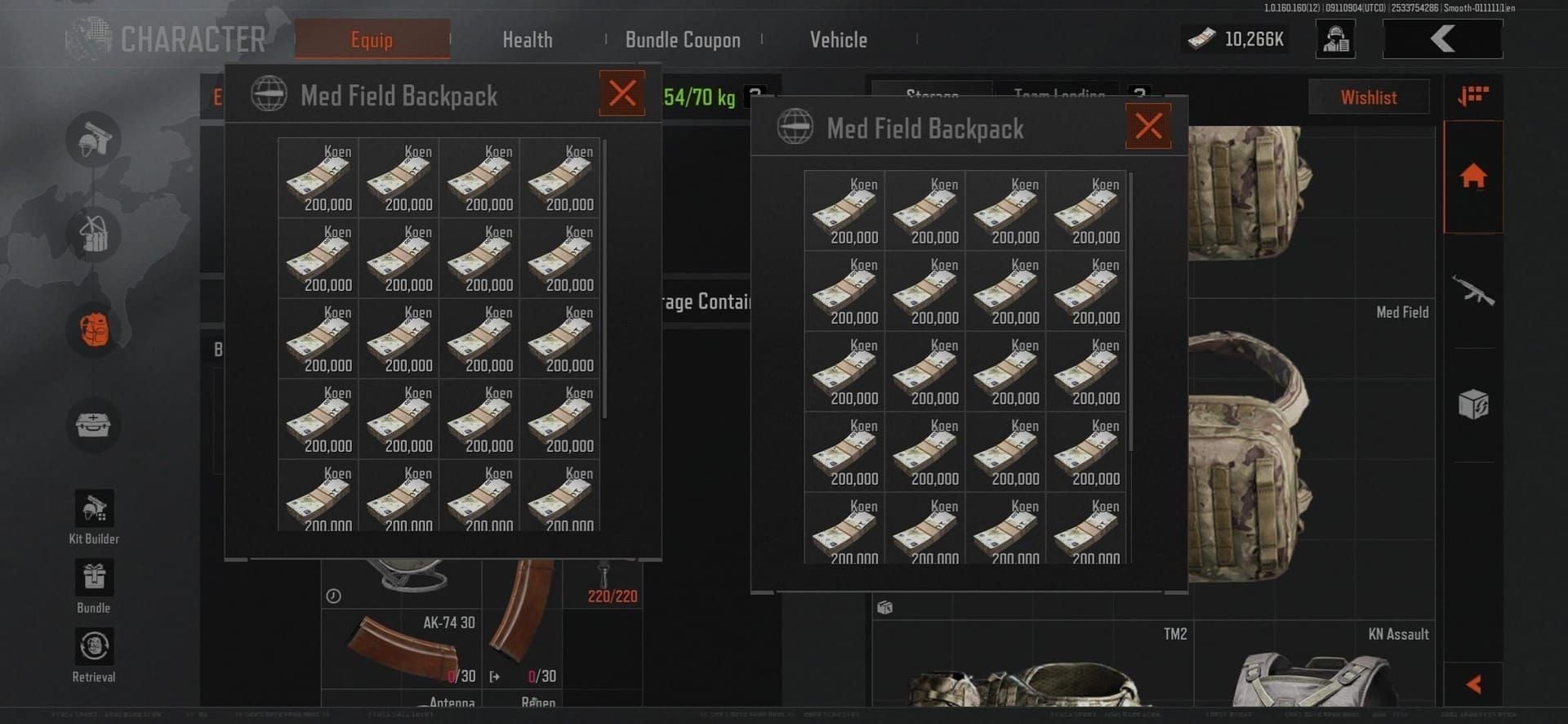 Arena Breakout in-game UI displaying Bonds and Koen currencies with exchange rate