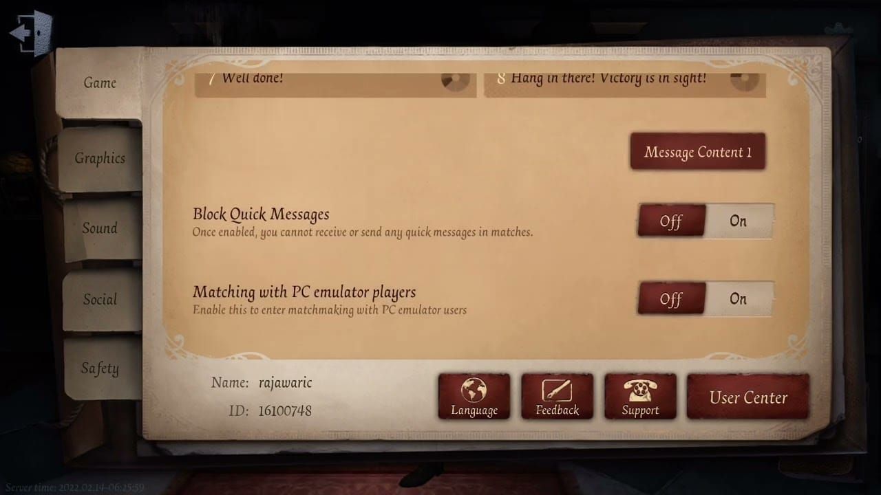 Identity V game settings interface displaying User ID for top-up