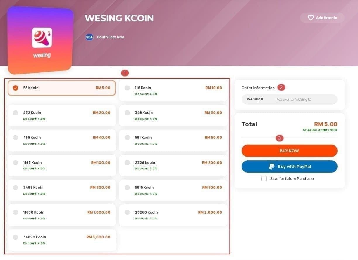 WeSing Kcoin purchase screen displaying bonus percentages for different tiers