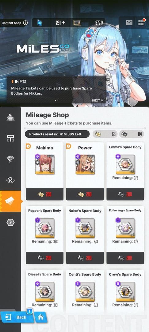 NIKKE Gold Mileage Shop interface for Special Recruit banners