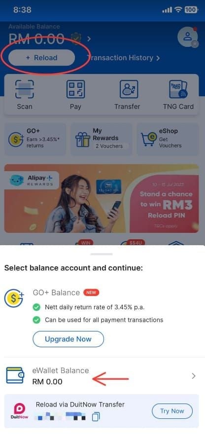 Step-by-step TNG eWallet app guide for entering and redeeming Reload Pin