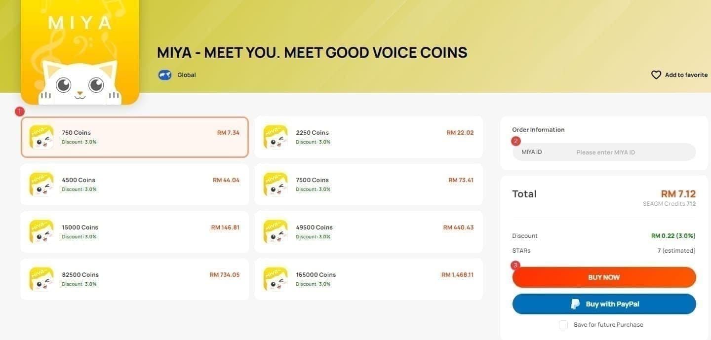 MIYA Voice Coins wallet interface displaying balance
