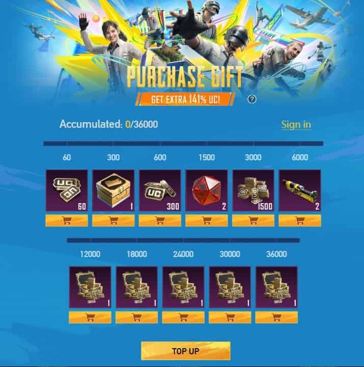PUBG Mobile UC Top-Up Event interface displaying bonus tiers for January event