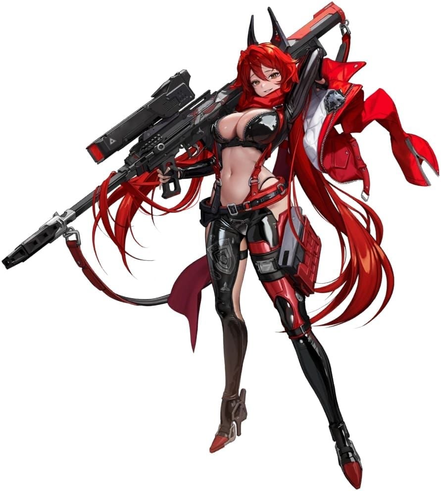 SSR Red Hood character artwork from Goddess of Victory: NIKKE, highlighting her Machine Gun attacker design