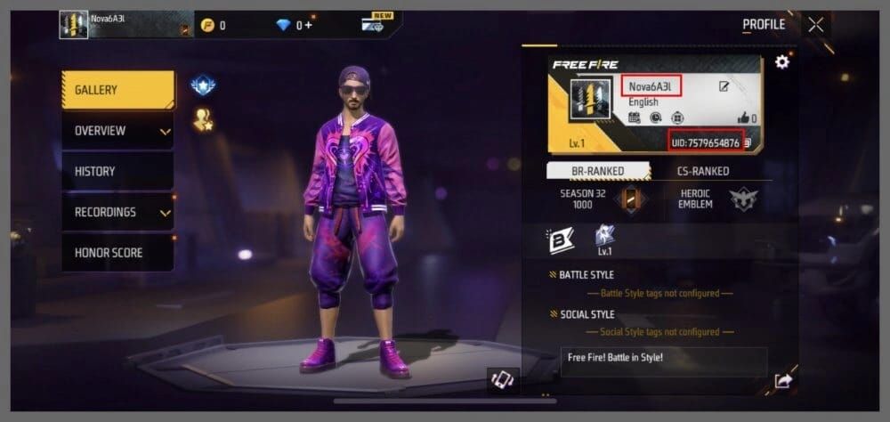Free Fire Character Shop interface with Shadow Blaze diamond unlock cost