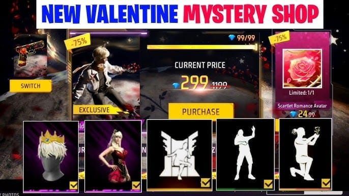 Free Fire Diamonds (LATAM) Mystery Shop interface with spin costs and pity info