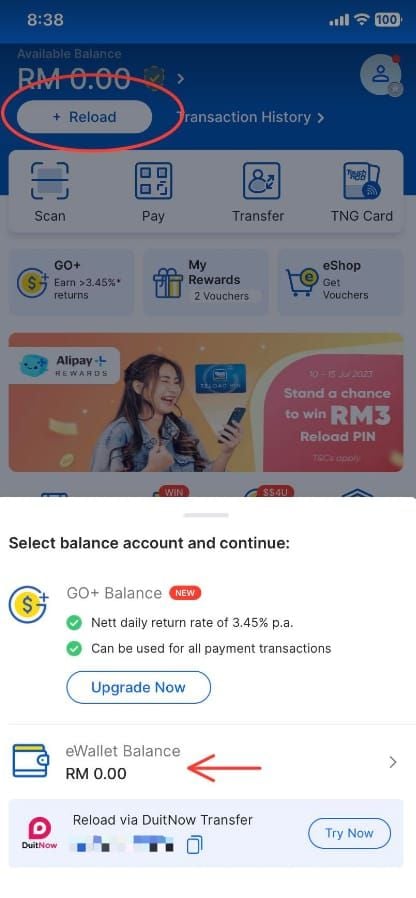 Step-by-step TNG eWallet Reload PIN redemption interface