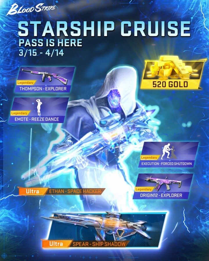 Blood Strike (MENA) Starship Cruise Pass interface showing tiers, Alondra unlock, and Gold cost