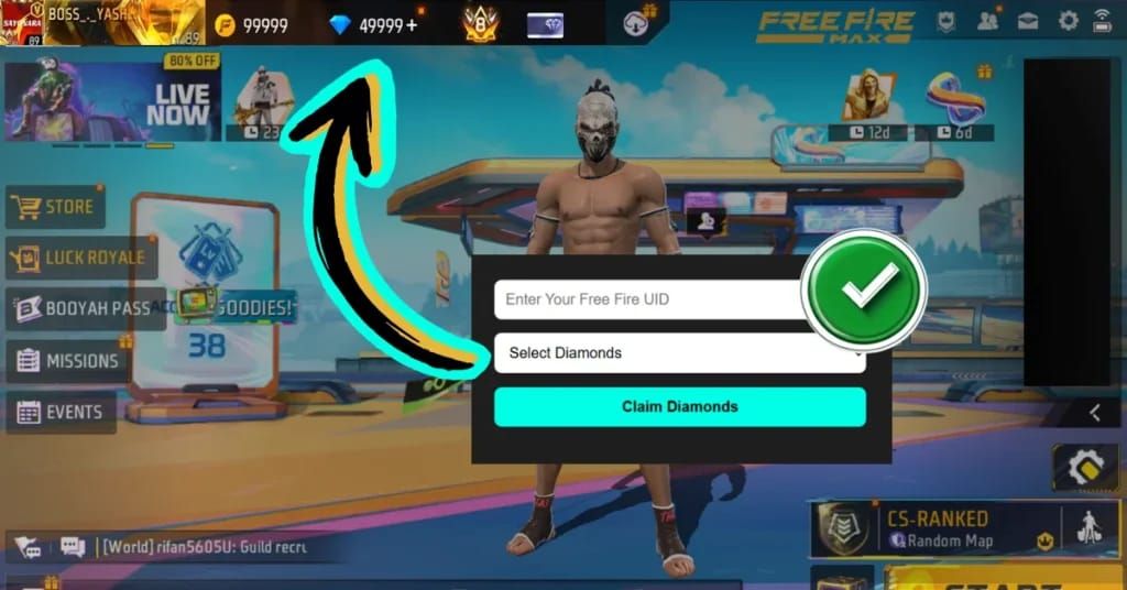 Free Fire lobby screenshot showing Player ID (UID) below nickname for safe diamond top-up