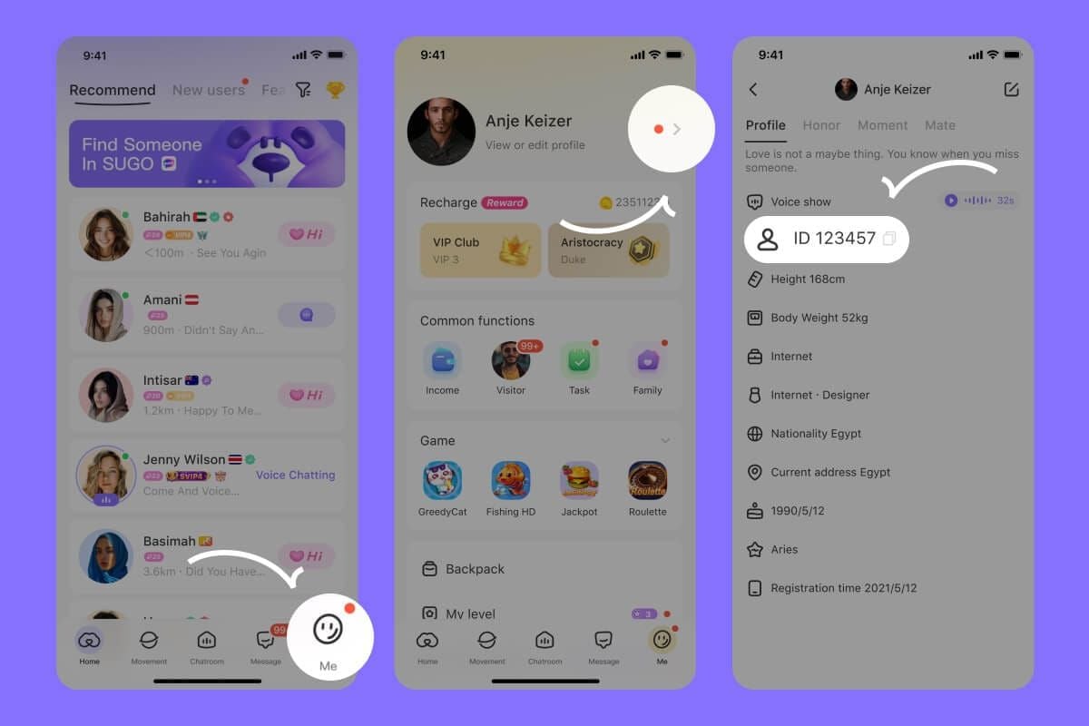 SUGO Coins app ME profile screen displaying user region tier and coin package yield
