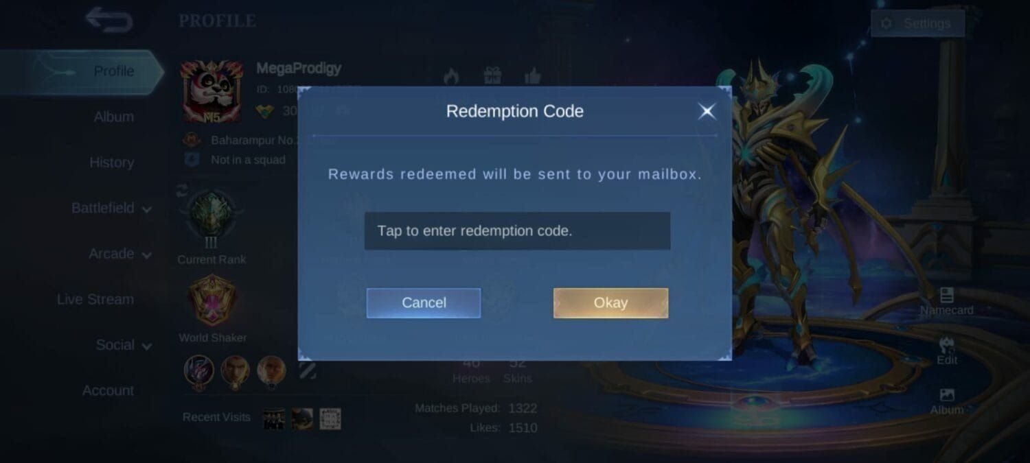 Mobile Legends Bang Bang in-game redemption code menu interface