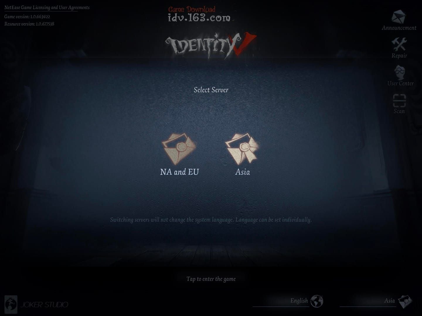 Identity V settings screenshot highlighting server region (Asia or EU-NA)