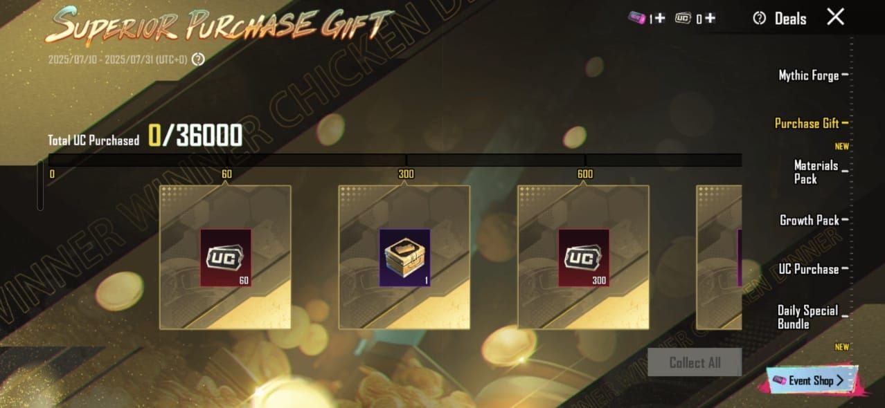 PUBG Mobile Events tab with UC top-up bonus banners