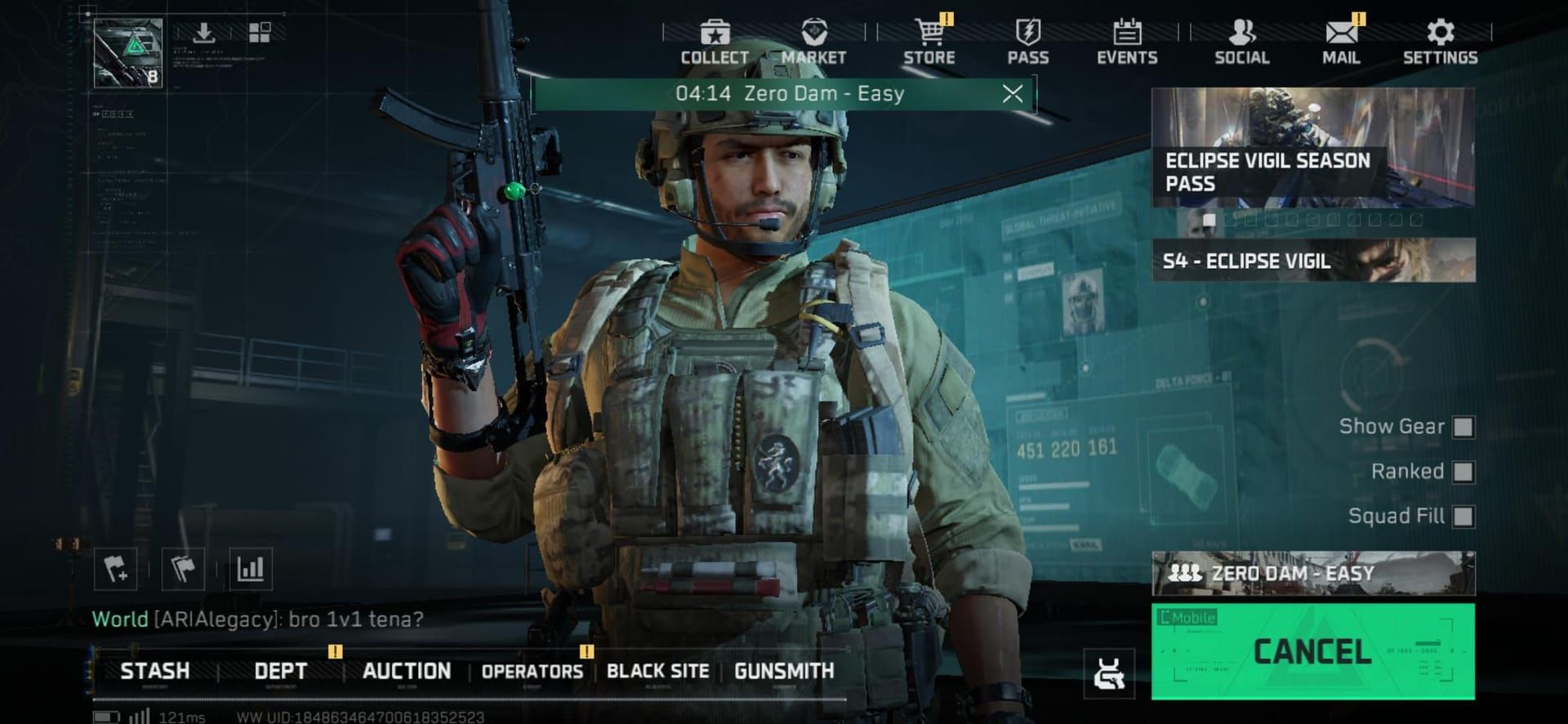 Delta Force game lobby screen showing UID location in top-left corner with copy button