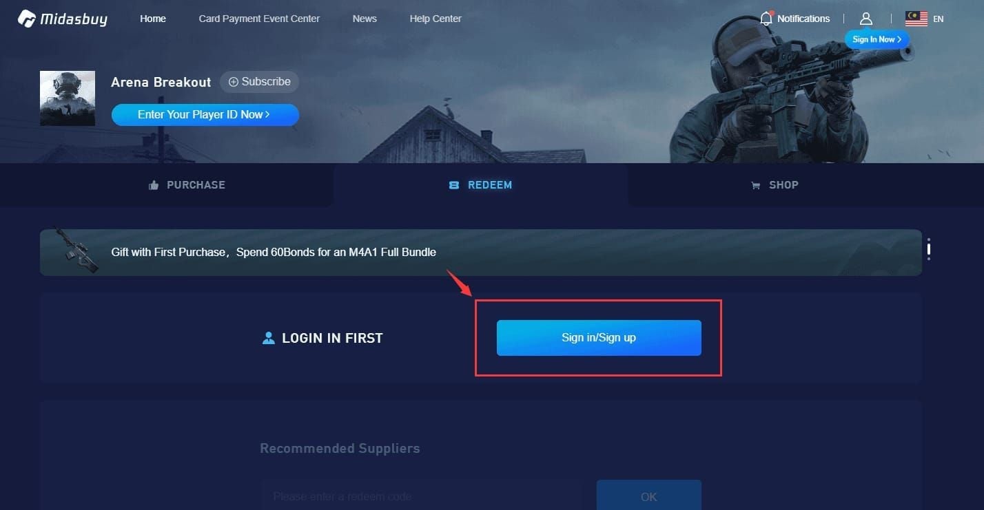 Arena Breakout Infinite Events menu with Code Redemption tab open