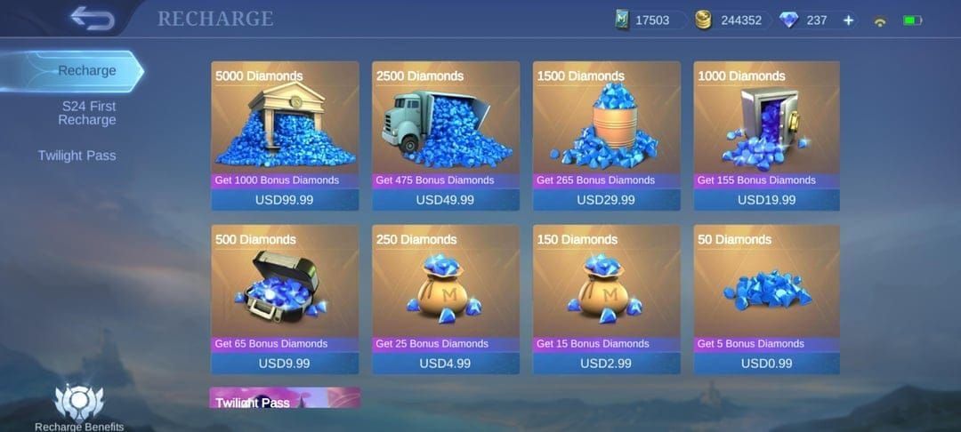 Mobile Legends Bang Bang first-recharge diamond purchase interface showing bonus tiers