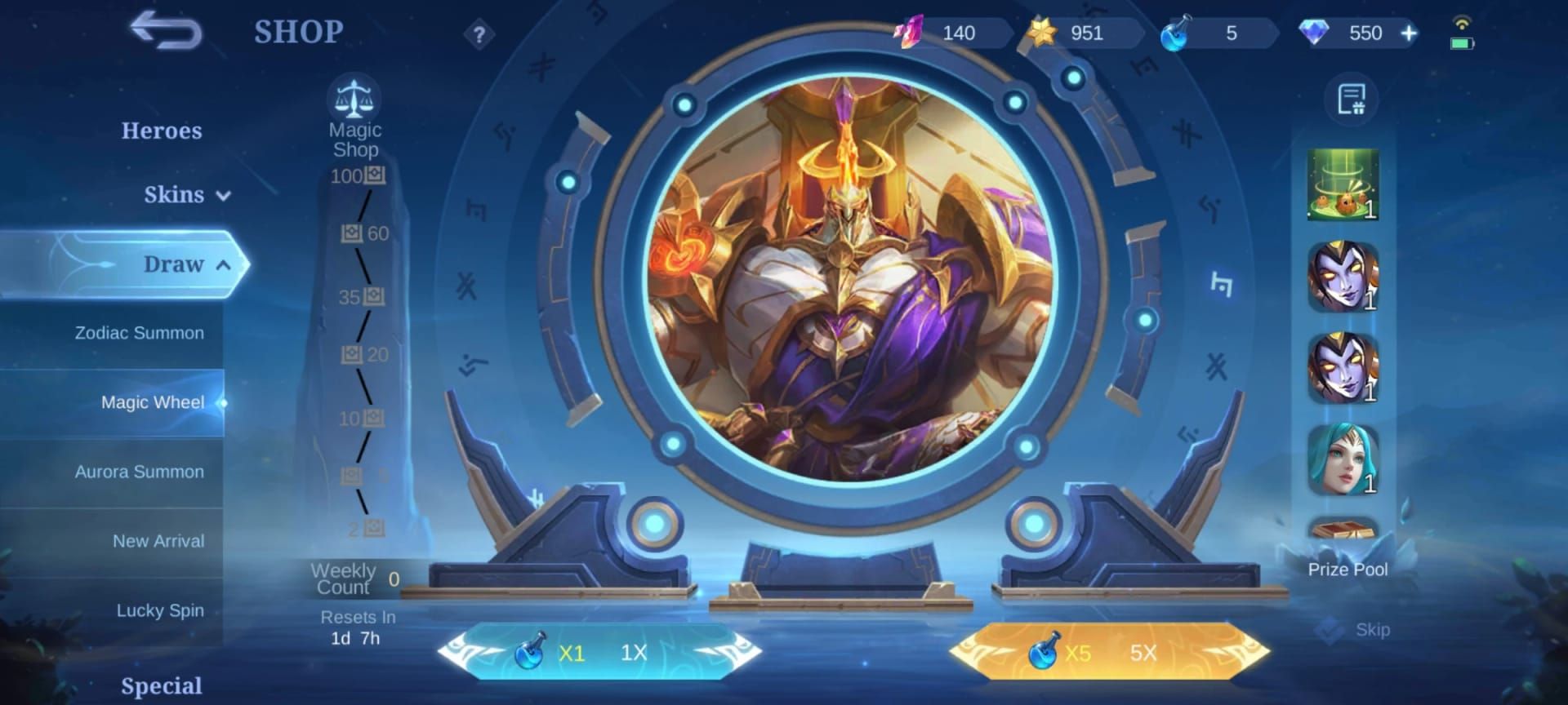 Mobile Legends Bang Bang Magic Wheel gacha interface with draw options
