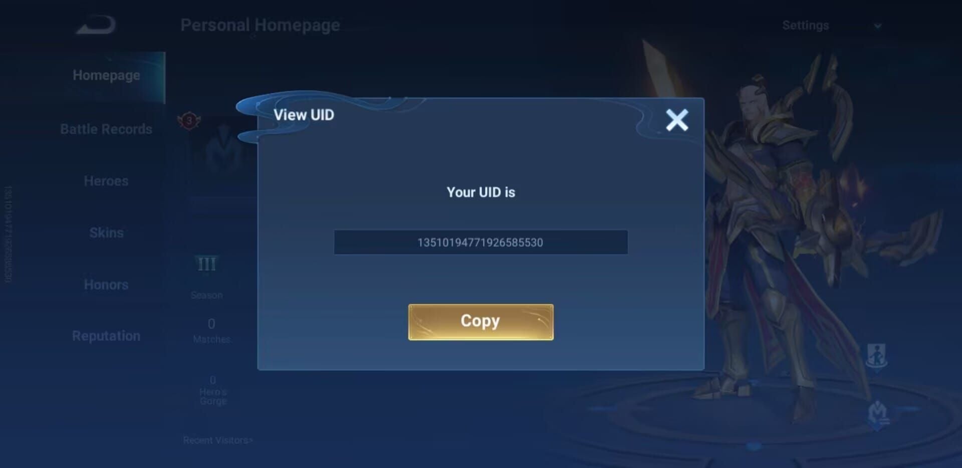 Honor of Kings settings screen showing player UID display