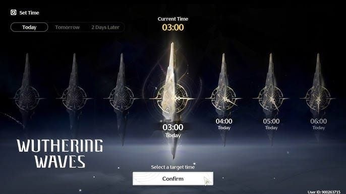 Wuthering Waves in-game clock interface showing time-of-day for event quests