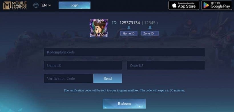 Mobile Legends Bang Bang official redeem code website with Game ID Zone ID and code fields