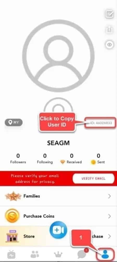 SuperLive Coins profile settings screenshot displaying UID for top-up verification