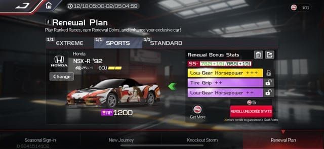 Racing Master SEA Car Renewal Plan interface with Extreme cars like Aventador SVJ