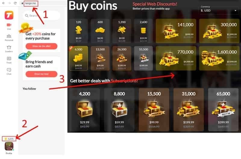 Tango.me web store coin packs purchase screen