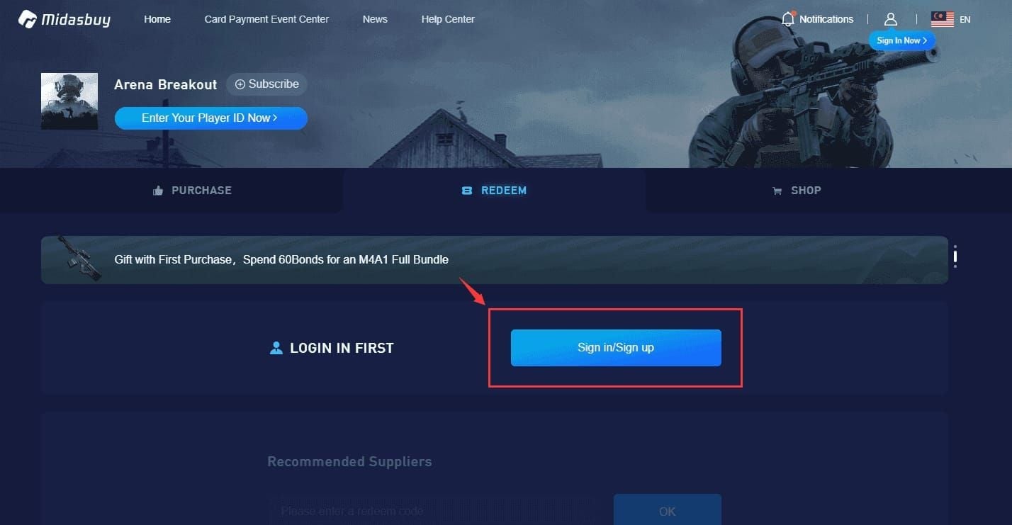 Arena Breakout in-game code redemption interface showing Events menu and input screen