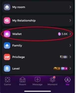 Yaahlan top-up guide screenshot showing Me tab, UID, and wallet region selection