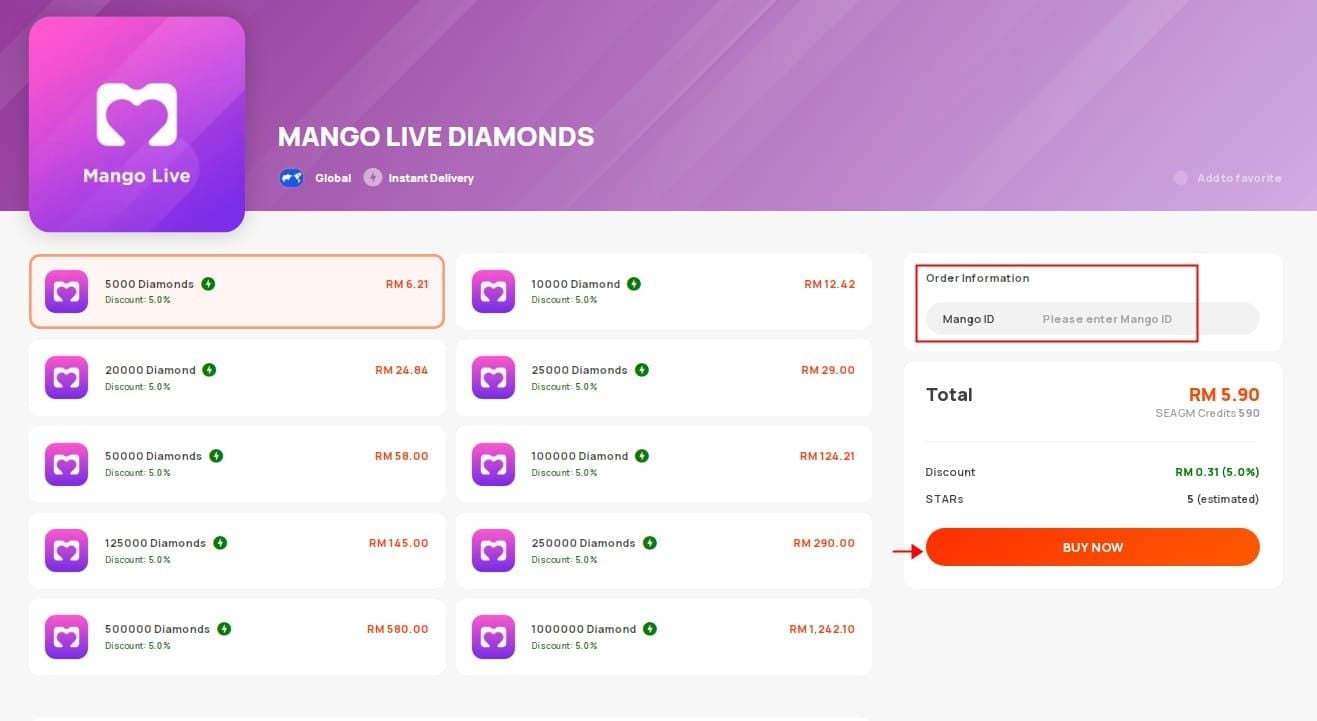 Mango Live Diamonds profile screenshot showing User ID location