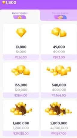 Chamet Diamond top-up package tiers cost comparison chart showing bulk discounts