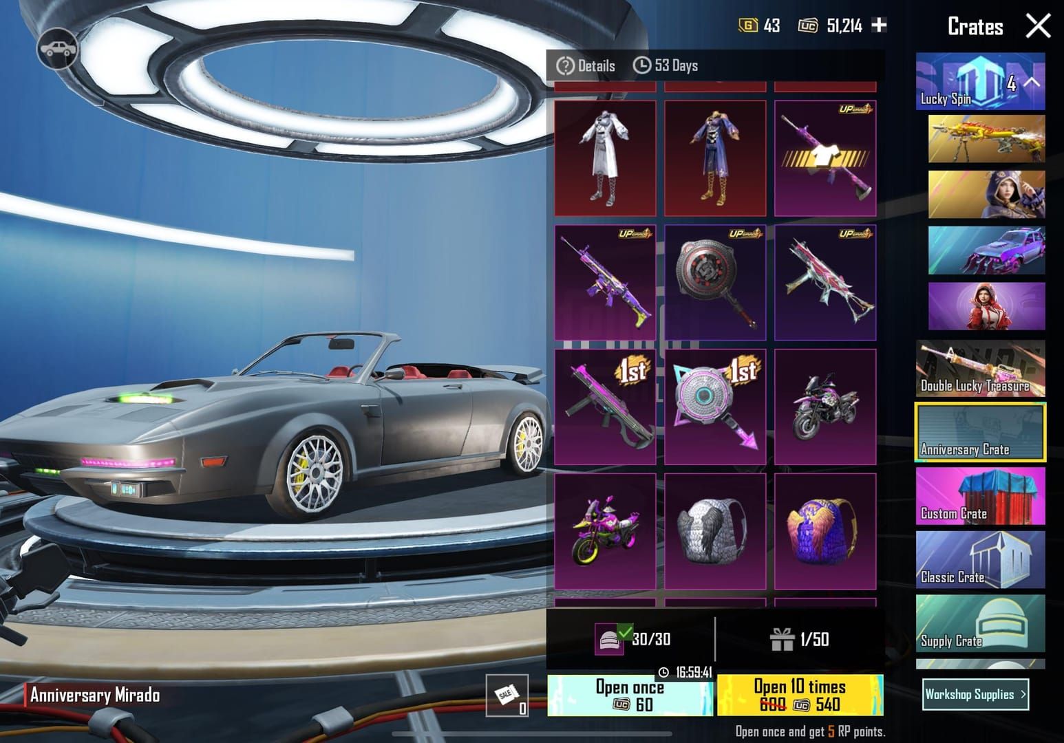 PUBG Mobile UC Anniversary Crate screenshot featuring upgradable M416 skin and spin options